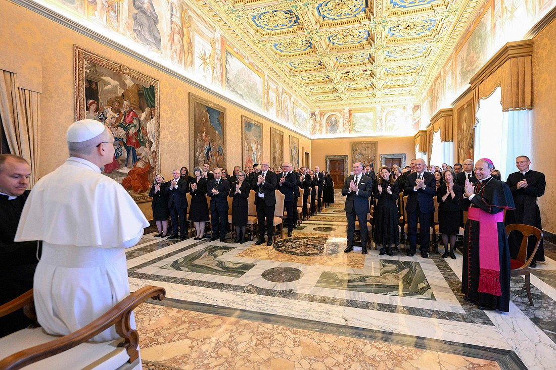 Pope Leo XIV meets with a delegation of the Knights of Columbus at the Vatican Oct. 6, 2025. (CNS photo/Vatican Media)