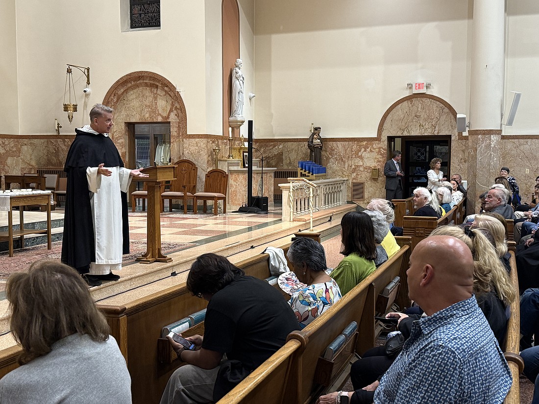 Dominican Father Bill Garrott speaks about suffering and God's mercy Oct. 7 during the parish mission in St. Anthony Church, Hamilton. EmmaLee Italia photo