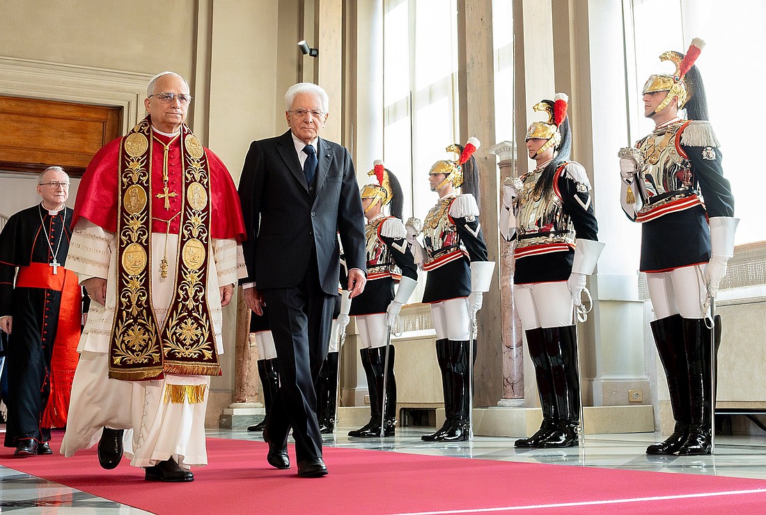 Pope Leo XIV walks with Italian President Sergio Mattarella during an official welcoming ceremony at the Quirinal Palace in Rome Oct. 14, 2025. The event marked the pope’s first state visit since the beginning of his pontificate. (CNS photo/courtesy of the Presidency of the Italian Republic)