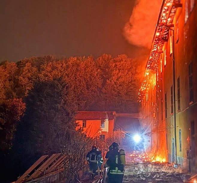 A 17th-century monastery in northern Italy where recently canonized St. Carlo Acutis received his first Communion is seen in flames as firefighters try to contain the fire Oct. 11, 2025. The Bernaga Monastery, located in the La Valletta Brianza municipality in the Lombardy region, was home to 22 Ambrosian-rite cloistered nuns, all of whom survived the devastating blaze. (OSV News/courtesy Lombardy firefighters) Editors: best quality available..