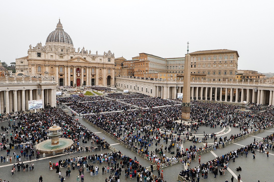 A file photo shows people gathering in St. Peter's Square. On Oct. 19, 202, Pope Leo XIV will canonize a diverse group of religious and lay men and women. The seven soon-to-be-saints hail from Venezuela, Turkey, Papua New Guinea and Italy. (CNS photo/Lola Gomez)
