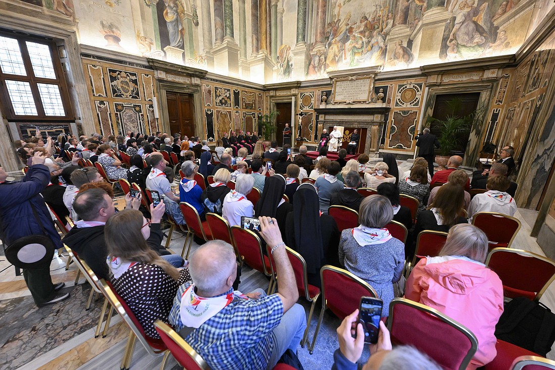 Pope Leo XIV addresses pilgrims from Russia Oct. 17, 2025, in the Apostolic Palace at the Vatican. (CNS photo/Vatican Media)