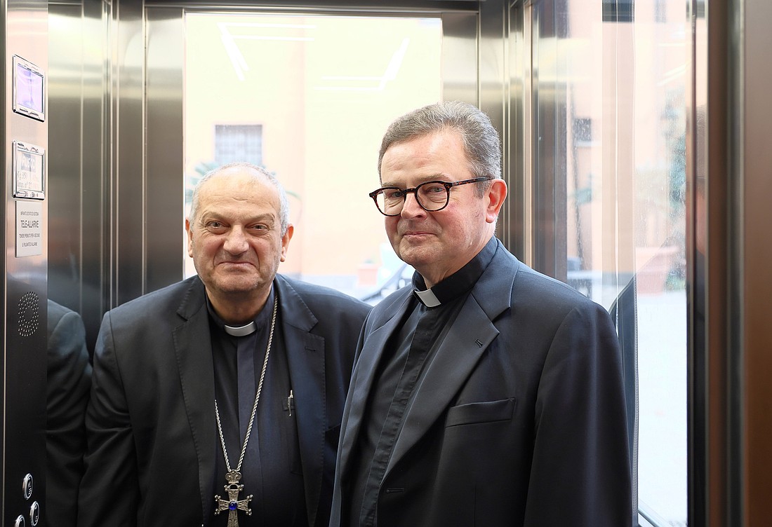 Syrian Archbishop Jacques Mourad of Homs and Msgr. Pawel Ptasznik of the John Paul II Vatican Foundation attend a press briefing in Rome Oct. 17, 2025, about the archbishop receiving  the Premio San Giovanni Paolo II, or St. John Paul II Award, to be presented Oct. 18. Archbishop Mourad, who was held captive by the Islamic State group for five months in 2015, said receiving an award named for St. John Paul was a hopeful reminder of the late pontiff's efforts to advance peace and dialogue in uncertain times. The award is granted yearly by John Paul II Vatican Foundation. (OSV News photo/courtesy St. John Paul II Foundation)