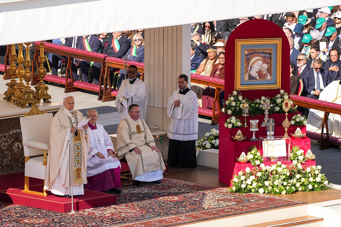 Pope Leo XIV gives his homily during Mass for the canonization of seven new saints in St. Peter’s Square at the Vatican Oct. 19, 2025. (CNS photo/Lola Gomez)