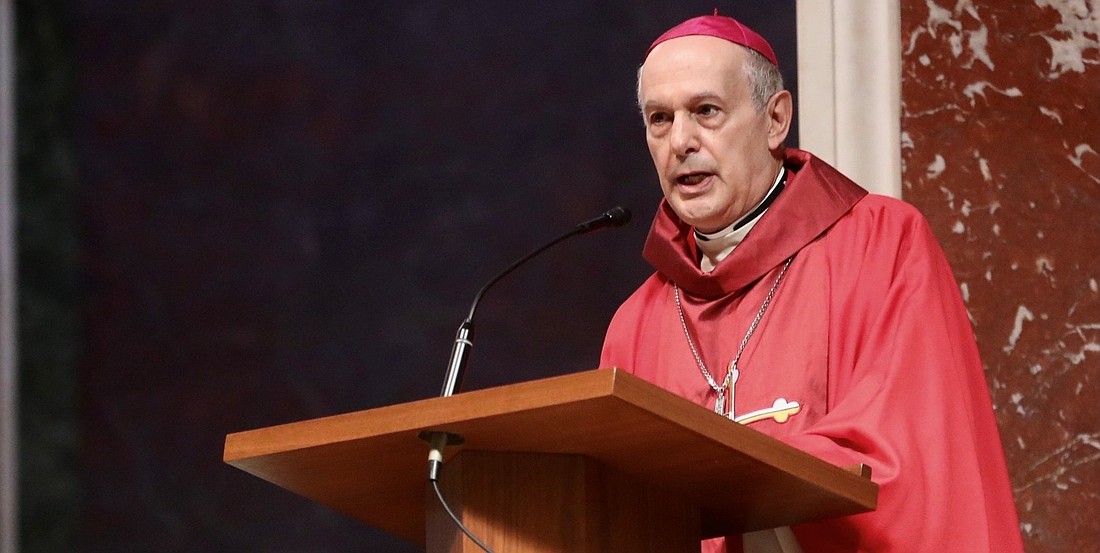 Archbishop Gabriele G. Caccia, the Vatican's permanent observer to the United Nations, gives the homily during the 69th annual Red Mass at the Cathedral of St. Matthew the Apostle in Washington Oct. 3, 2021. Archbishop Caccia in an Oct. 17, 2025, statement n the U.N., the archbishop renewed calls for disarmament and dialogue amid a fraying international rules-based order and soaring arms trade, including lethal autonomous weapons. (OSV News photo/Andrew Biraj, Catholic Standard)