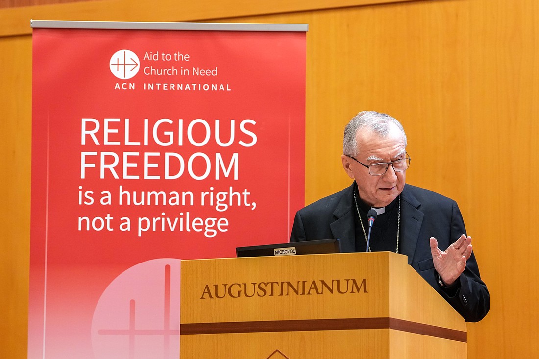 Cardinal Pietro Parolin, Vatican secretary of state, speaks about the 2025 Religious Freedom Report compiled by the papal foundation Aid to the Church in Need and released Oct. 21, 2025, during a conference at Rome's Augustinianum Patristic Institute. (CNS photo/Lola Gomez)