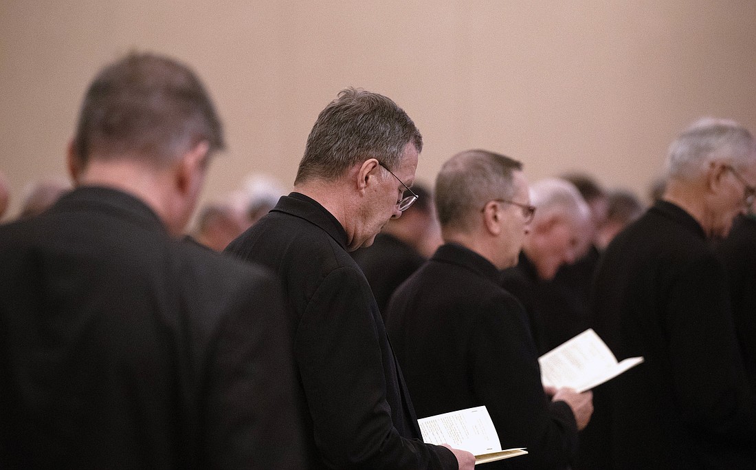 Bishops pray June 13, 2024, at the U.S. Conference of Catholic Bishops' spring plenary assembly in Louisville, Ky. The USCCB announced Oct. 22, 2025, that the agenda for the U.S. bishops' fall plenary Nov. 10-13 in Baltimore includes votes for key leadership roles as well as discussions on migration, health care directives, artificial intelligence, Eucharistic devotion and liturgical texts. (OSV News photo/Bob Roller)