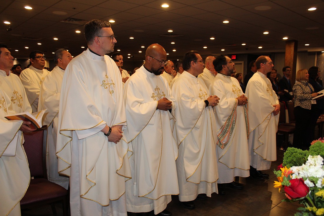Priests participate in the opening Mass of the annual conference of the National Catholic Association of Diocesan Directors of Hispanic Ministry on Oct. 21, 2025, which this year is taking place in the Archdiocese of Newark, N.J. The NCADDHM conference Oct. 21-24 brings together nearly 250 representatives from at least 87 dioceses serving the Hispanic community in different regions across the country. (OSV News photo/Marietha Góngora)