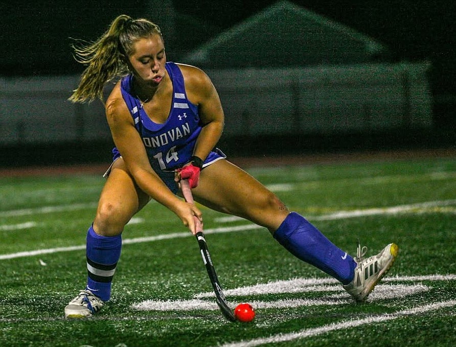 Kenley Bottles brings the ball up the field during a recent Donovan Catholic field hockey game. Bottles was solid at midfield but was moved up to forward this year and led the Griffins in goals and assists. Courtesy photo
