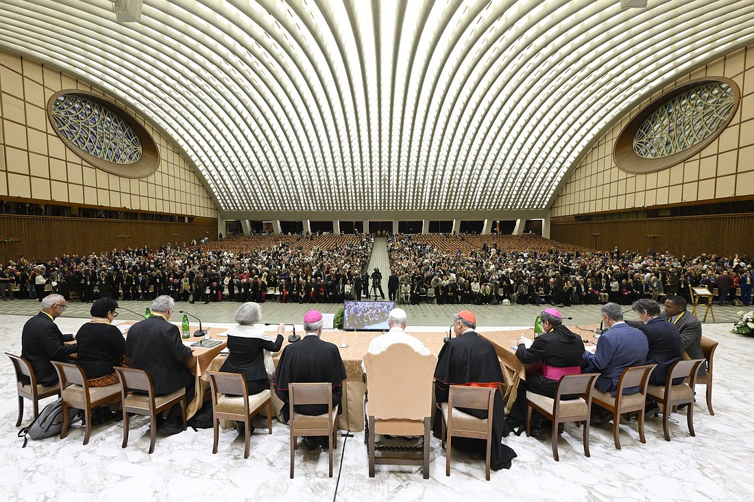 Pope Leo XIV, with regional representatives of synod teams, listens to and answers questions from participants in the Jubilee of Synodal Teams and Participatory Bodies in the Vatican audience hall Oct. 24, 2025. (CNS photo/Vatican Media)