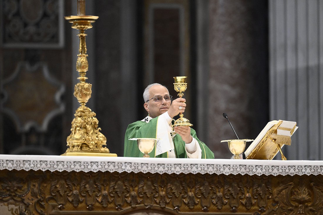 Pope Leo XIV elevates the chalice as he celebrates Mass as part of the Jubilee of Synodal Teams and Participatory Bodies in St. Peter's Basilica at the Vatican Oct. 26, 2025. (CNS photo/Vatican Media)