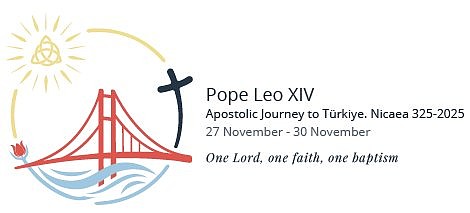 The official logo for Pope Leo XIV's trip to Turkey Nov. 27-30 consists of a circle enclosing the Dardanelles Bridge, which links Asia and Europe, but also symbolizes Christ as the bridge between God and humanity. The three intertwined rings at the top left three represent the Holy Trinity. The motto of the trip is "One Lord, one faith, one baptism," particularly celebrating the shared Christian Creed handed down from the Council of Nicaea 1,700 years ago. (CNS photo/Holy See Press Office)