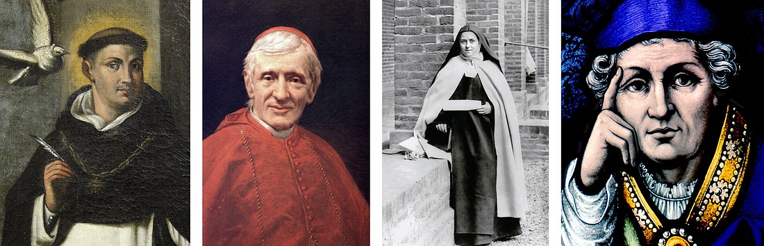 Sts. Thomas Aquinas, John Henry Newman, Thérèse of Lisieux and Augustine of Hippo are pictured in a combination photo. Pope Leo XIV will proclaim St. John Henry Newman a doctor of the church on Nov. 1, 2025. (OSV News files/Nancy Wiechec, Crosiers, Carmel de Lisieux)
