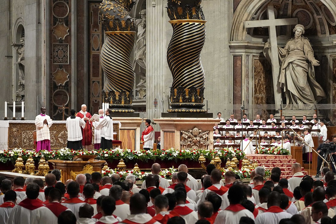 Pope Leo XIV celebrates Mass with students from the pontifical universities in Rome in St. Peter’s Basilica at the Vatican, Oct. 27, 2025. (CNS photo/Lola Gomez)