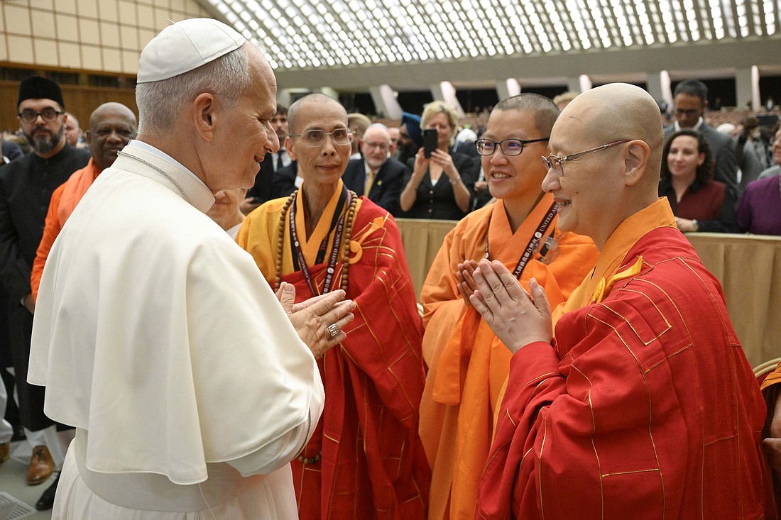 Pope Leo XIV greets religious leaders and people involved in interreligious dialogue during an event at the Vatican Oct. 28, 2025, marking the 60th anniversary of the Second Vatican Council declaration "Nostra Aetate" on the church's relations with other religions. (CNS photo/Vatican Media)