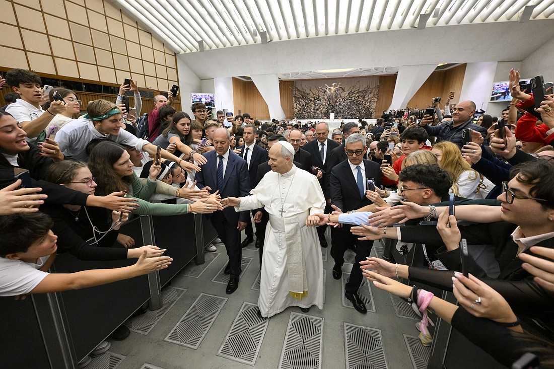 Pope Leo XIV greets students in the Paul VI Audience Hall at the Vatican Oct. 30, 2025, as part of the Jubilee of the World of Education. (CNS photo/Vatican Media)