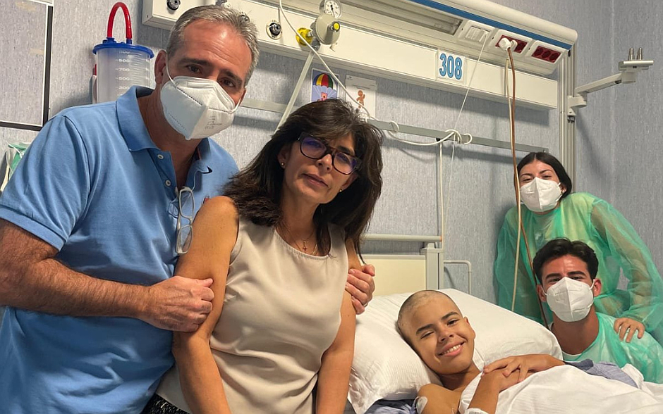 Carmen Gloria González and her husband are seen in an undated photo with their three children at Rome's Bambino Gesú Pediatric Hospital. Son Ignacio, 15, in a hospital bed, is undergoing chemotherapy after being diagnosed with lymphoma. On Aug. 2, 2025, Ignacio collapsed during the Jubilee of Youth in Rome and was rushed to the hospital. His parents in Spain received a call from Rome about him and were told it was urgent they come to Rome, where they remain while Ignacio receives treatment. (OSV New photo/courtesy Carmen Gloria González)