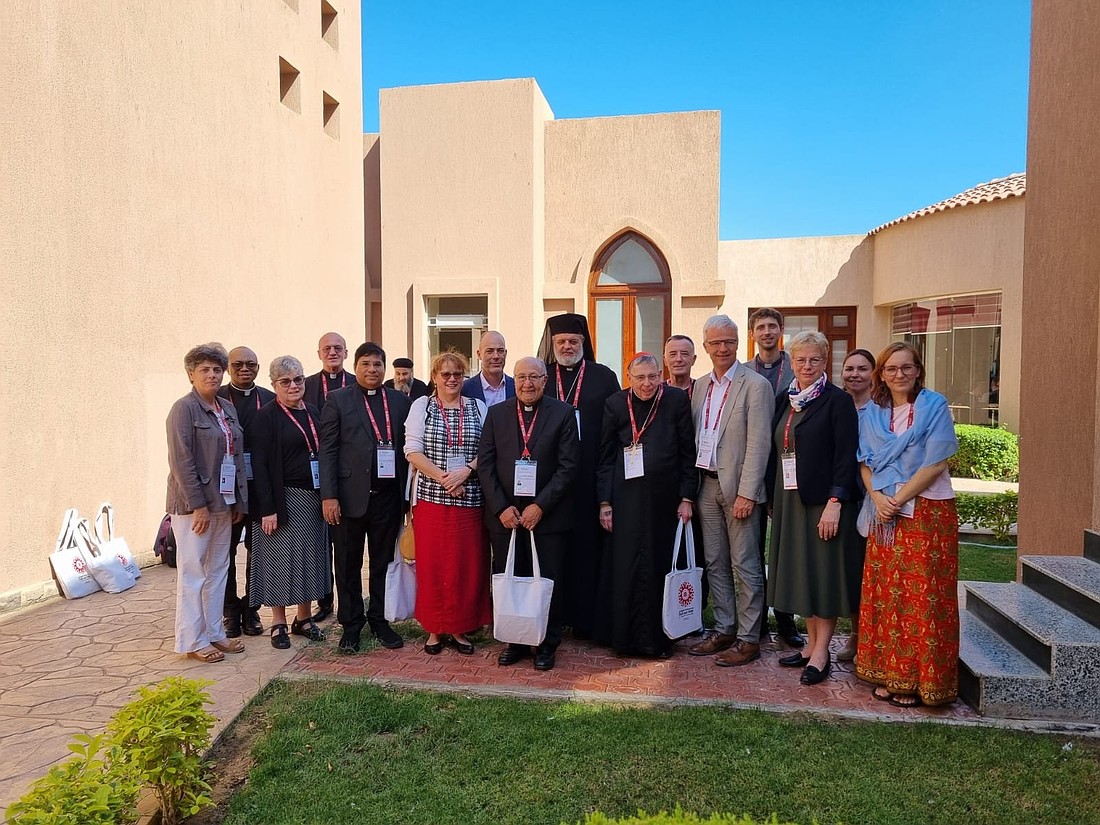 The Catholic delegation to the sixth World Conference on Faith and Order Oct. 24-28, 2025, is pictured in Wadi El Natrun, Egypt, where the conference was attended by 400 participants from the 356 member-denominations of the Geneva-based World Council of Churches. The Catholic group includes Cardinal Kurt Koch, center, and Myriam Wijlens, third from right, who is a Catholic professor and co-organizer who has worked since 2008 with the Vatican's Dicastery for Promoting Christian Unity. (OSV News photo/courtesy Myriam Wijlens).