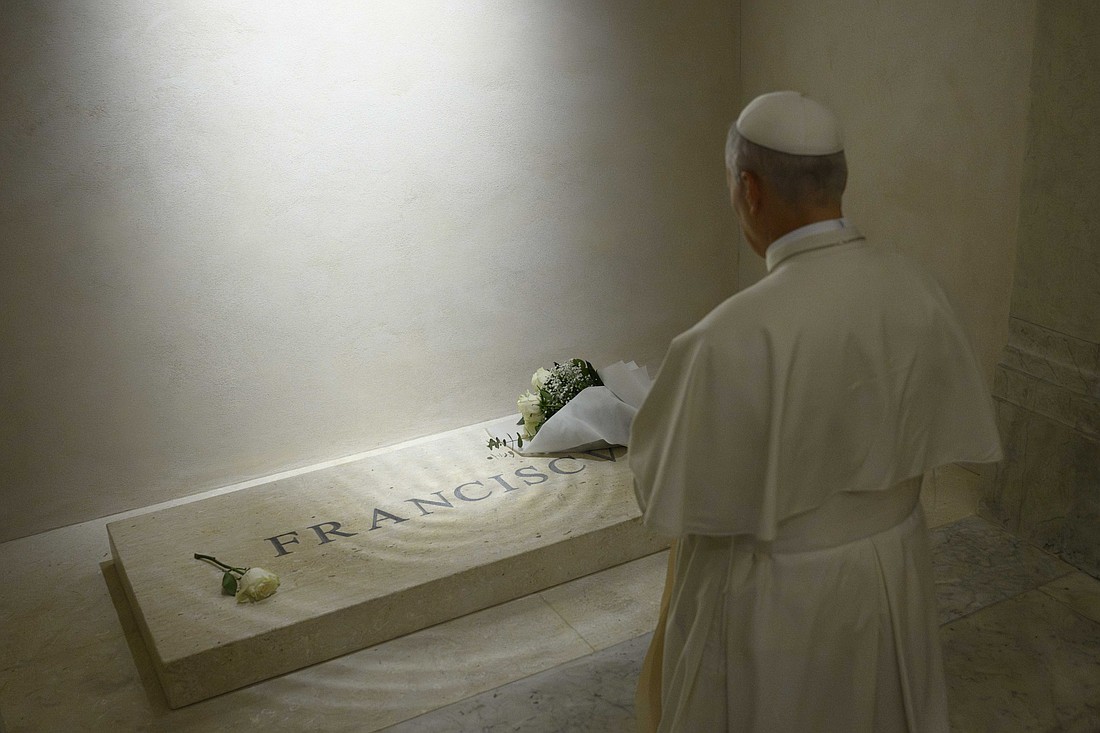 Pope Leo XIV prays at the tomb of Pope Francis in the Basilica of St. Mary Major in Rome, Nov. 3, 2025. (CNS photo/Vatican Media)