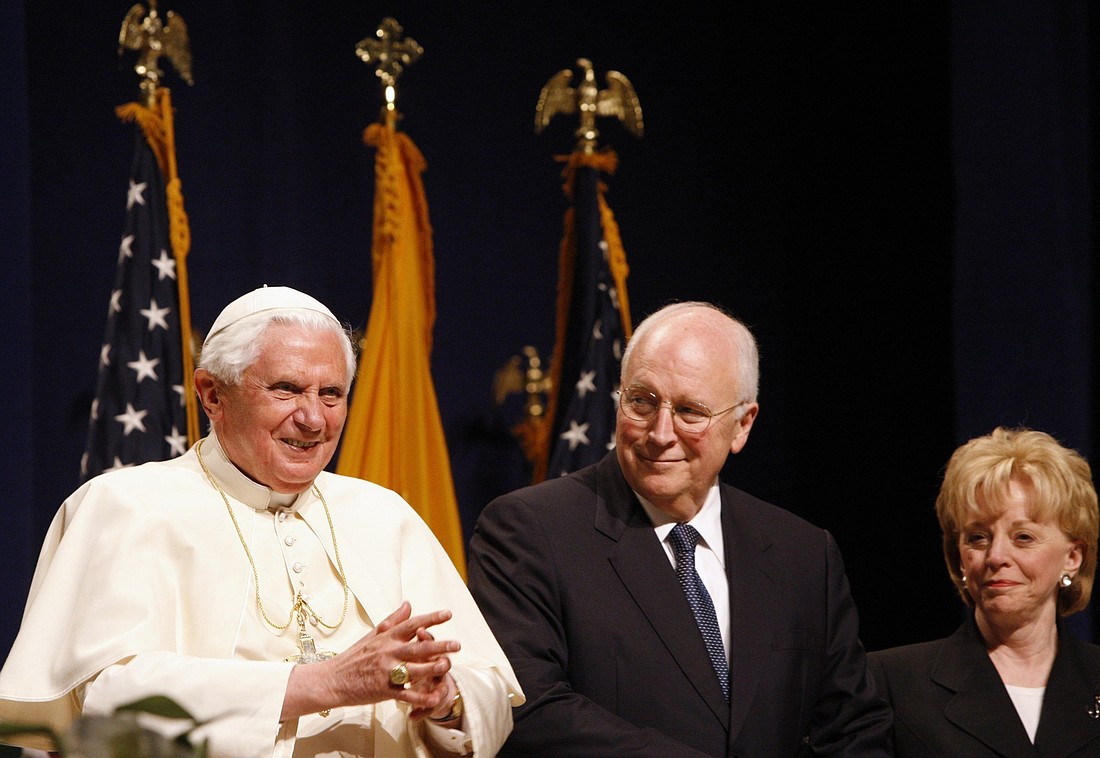 Vice President Dick Cheney and his wife, Lynne, smile alongside Pope Benedict XVI during a departure ceremony at JFK International Airport in New York April 20, 2008. Cheney died at age 84 Nov. 3, 2025. Besides serving as vice president for two terms, his long career in Washington included roles as President Gerald Ford's White House chief of staff, a member of Congress from Wyoming and secretary of defense. He was a leading advocate of the war with Iraq as President George W. Bush's vice president. (OSV News photo/Nancy Wiechec)