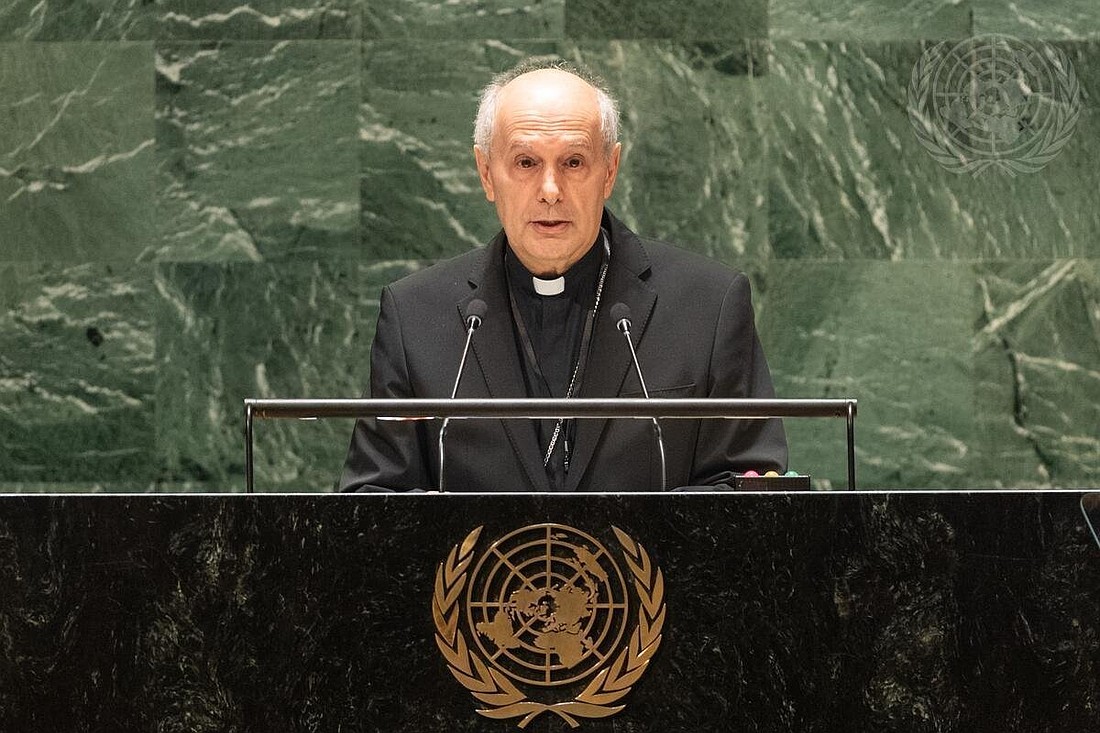 Archbishop Gabriele G. Caccia, the Holy See's permanent observer to the United Nations, is pictured in a 2023 photo addressing the General Assembly at U.N. headquarters in New York City. (OSV News photo/Rick Bajornas, courtesy United Nations)
