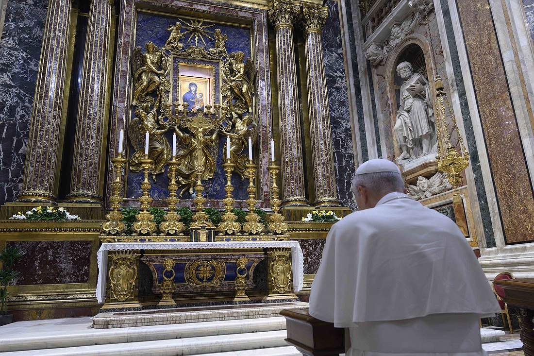 Pope Leo XIV prays in the chapel with the Marian icon of "Salus Populi Romani" (health of the Roman people) in the Basilica of St. Mary Major in Rome, Nov. 3, 2025. (CNS photo/Vatican Media)