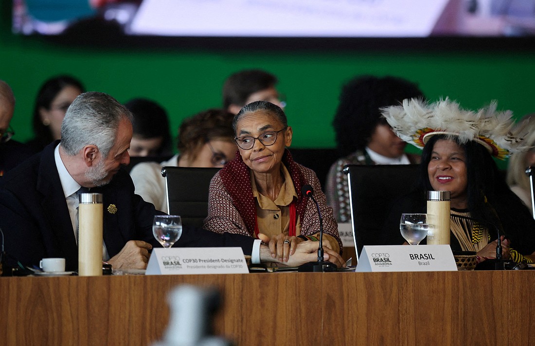 Brazil's COP30 President Andre Correa do Lago, Brazil's Minister of the Environment and Climate Change Marina Silva and Brazil's Minister of Indigenous Peoples Sonia Guajajara attend the ministerial preparatory meeting Oct. 13, 2025, in Brasilia, Brazil, ahead of the COP30 Climate Summit, which is taking place Nov. 10-21 in Belém, Brazil. (OSV News photo/Mateus Bonomi/, Reuters)