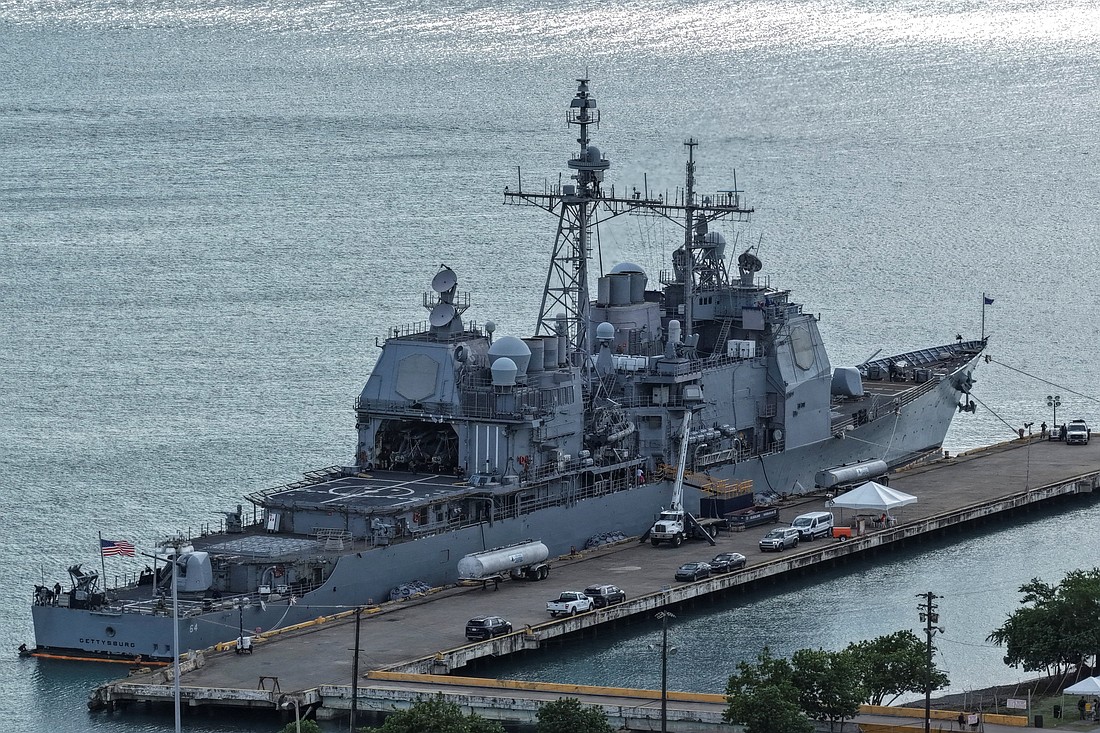 A drone view shows the U.S. Navy guided-missile cruiser USS Gettysburg (CG-64) docked at the port of Ponce, Puerto Rico, Nov. 4, 2025. Pope Leo XIV has called for dialogue and peace in Venezuela as the United States amps up pressure on the South American country over allegedly sending drug boats to the U.S. Also, relations between the country's socialist regime and Catholic officials have become tense. (OSV News photo/Ricardo Arduengo, Reuters)