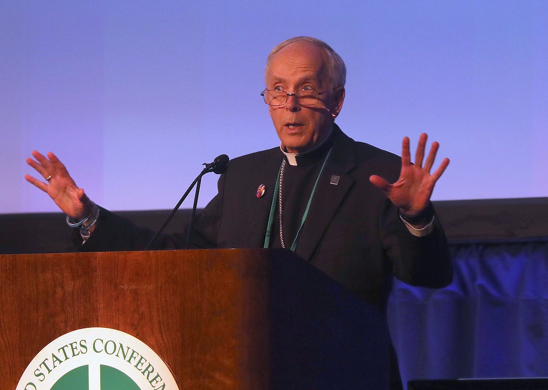 Bishop Mark J. Seitz of El Paso, Texas, speaks during a Nov. 11, 2025, session of the fall general assembly of the U.S. Conference of Catholic Bishops in Baltimore. Bishop Seitz is the outgoing chair of the USCCB's Committee on Migration.  (OSV News photo/Bob Roller)