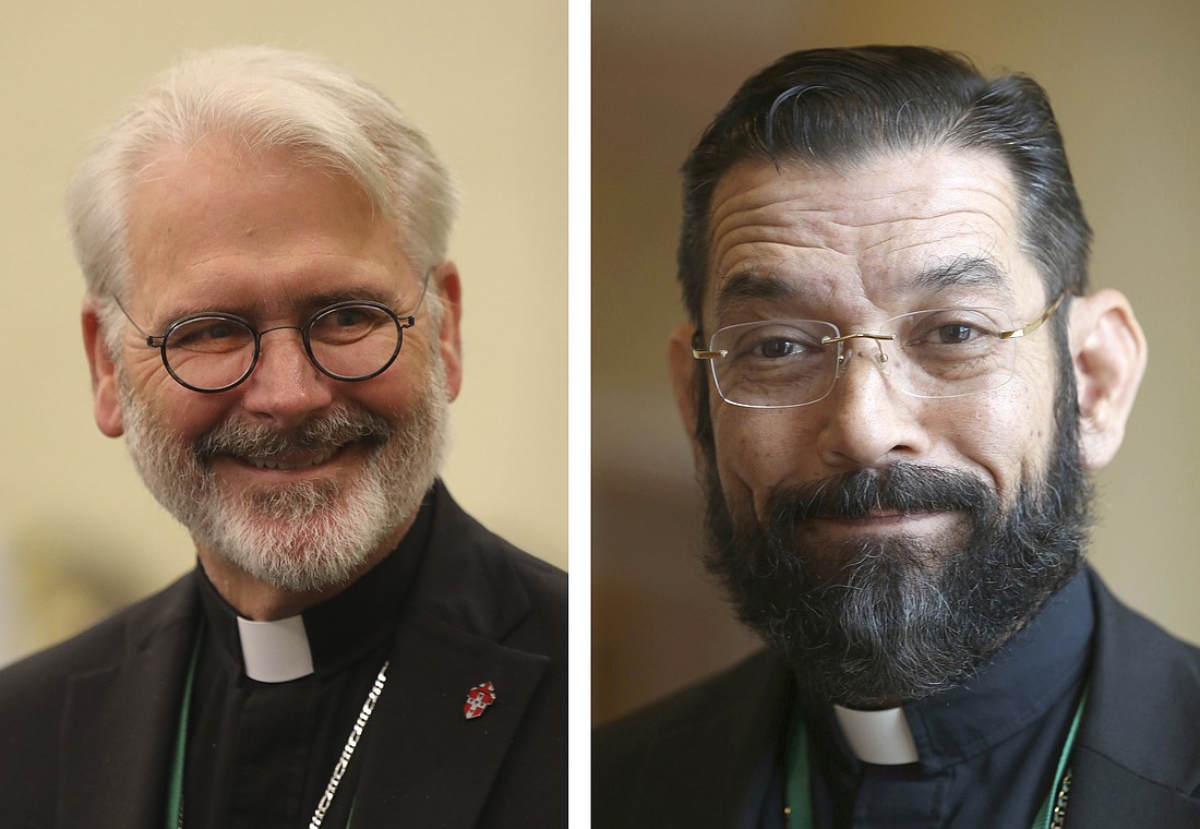 A combination photo shows Archbishop Paul S. Coakley of Oklahoma City, president-elect of the U.S. Conference of Catholic bishops, and Bishop Daniel E. Flores of Brownsville, Texas, vice president-elect. They were elected during the Nov. 11, 2025, session of the fall general assembly of the USCCB in Baltimore. Their three-year term begins at the close of the Nov. 10-13 plenary. (OSV News photo/Bob Roller)