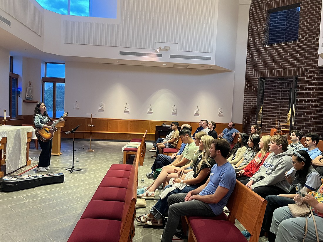 Dana Catherine addresses young adults during a young adult retreat in August 2025 in St. Isaac Jogues Parish, Marlton. Elizabeth Zimak photo
