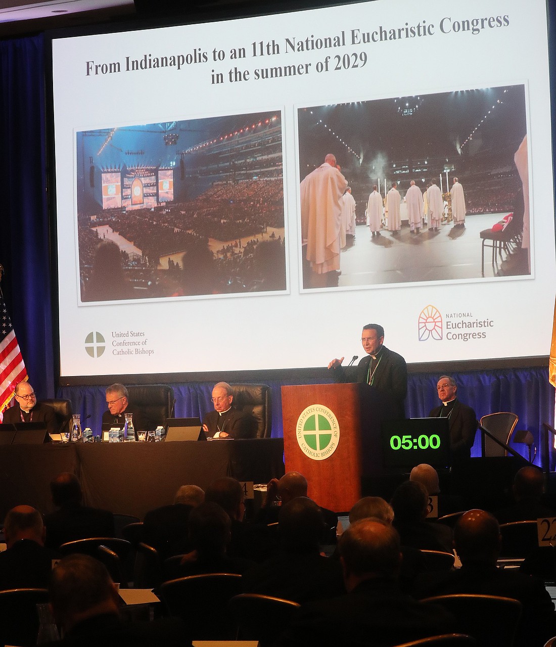 Bishop Andrew H. Cozzens of Crookston, Minn., chairman of the board of the National Eucharistic Congress Inc., speaks during a Nov. 12, 2025, session of the fall plenary assembly of the U.S. Conference of Catholic Bishops in Baltimore. (OSV News photo/Bob Roller)