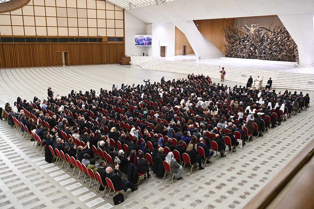 Pope Leo XIV speaks to participants in a conference on "Mysticism, Mystical Phenomena and Holiness," in the Vatican audience hall Nov. 13, 2025. (CNS photo/Vatican Media)