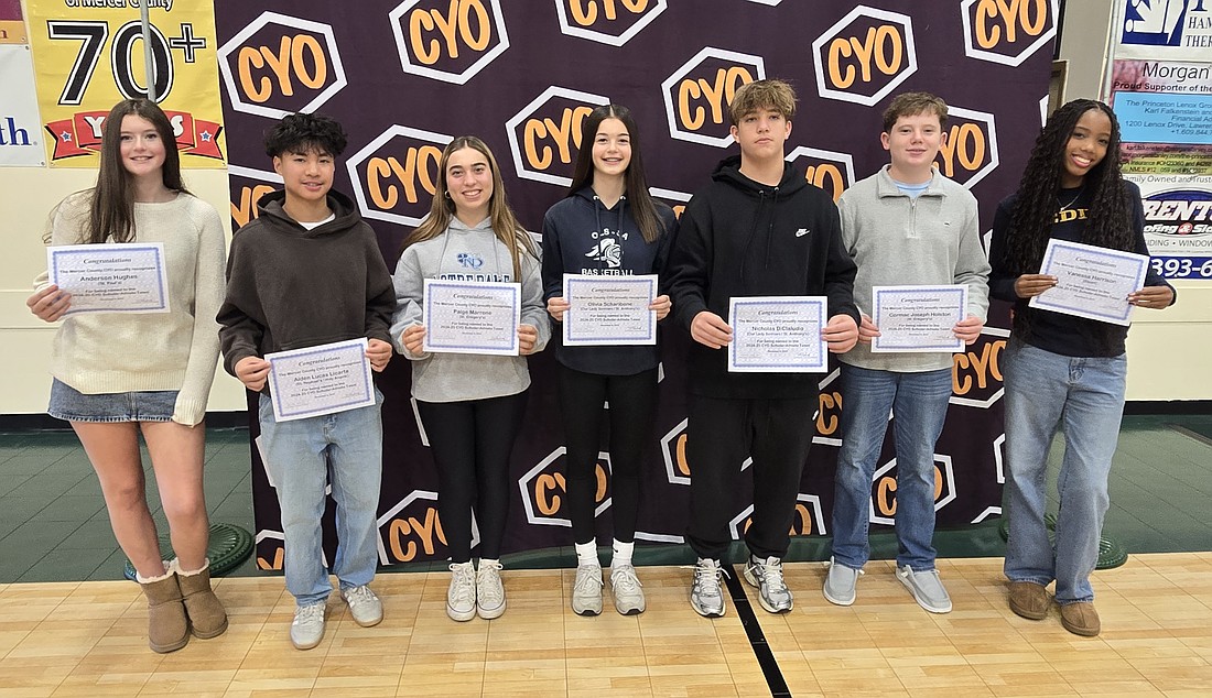 The Mercer County CYO 2024-25 Scholar-Athlete team consisted of, (from left to right) Anderson Hughes, Aiden Tameze, Paige Marrone, Olivia Scharibone, Nicholas DiClaudio, Cormac Joseph Holston and Vanessa Harrison. Missing from the photo was Addison Dziubak. Photo by Rich Fisher