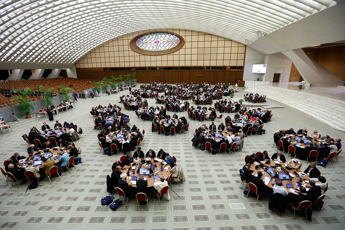 Cardinal Timothy Radcliffe, theologian and former master of the Dominican order, who has been serving as a spiritual adviser to the Synod of Bishops on synodality, speaks during a morning session of the synod in the Paul VI Audience Hall at the Vatican Oct. 21, 2024. (CNS photo/Lola Gomez)