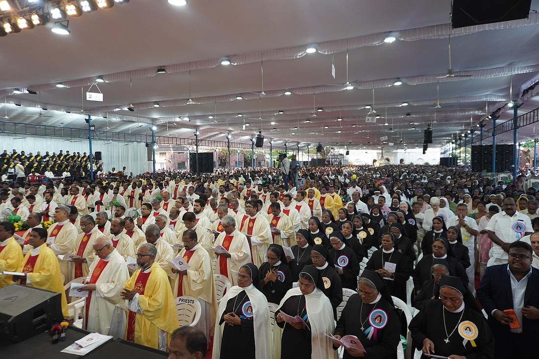 Over 20,000 faithful gather for the Nov. 8, 2025, beatification Mass of Mother Eliswa Vakayil, founder of the Congregation of Teresian Carmelites, at the Basilica of Our Lady of Ransom at Vallarpadam in the city of Kochi, India, which is in the Archdiocese of Verapoly. On Nov. 12 at the end of his general audience, Pope Leo XIV described Blessed Eliswa as "a source of inspiration for all those who work, in the Church and in society, for the dignity of women." (OSV News photo/Anto Akkara)