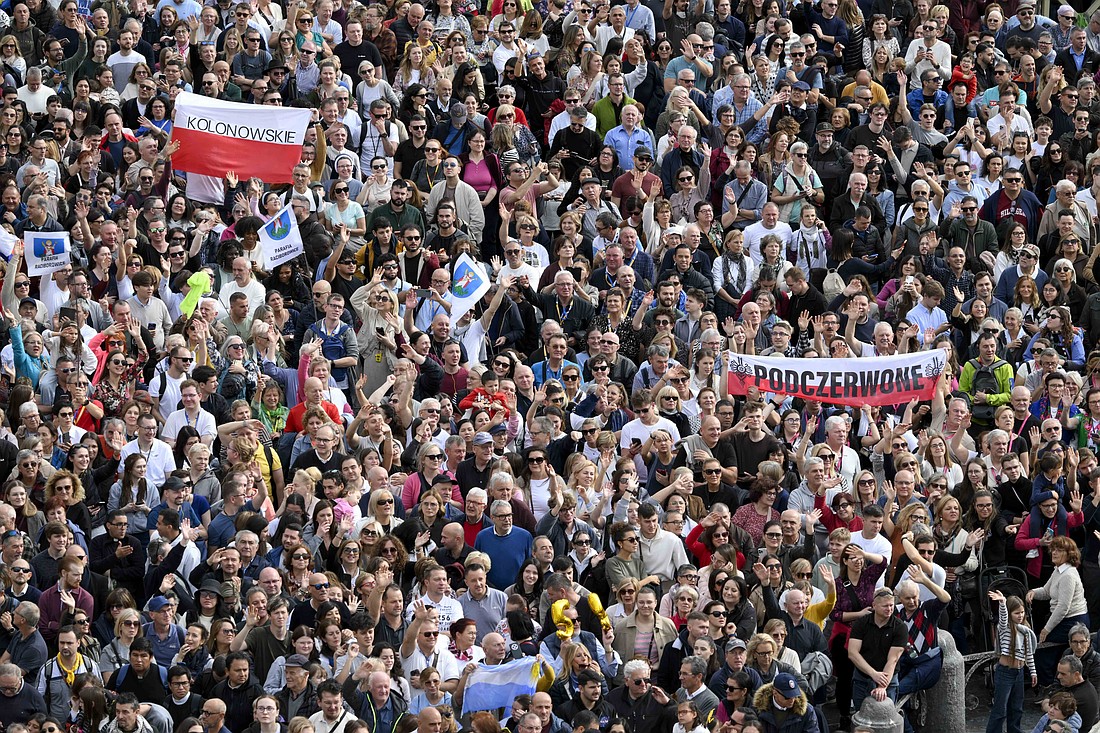 Some 40,000 people gather in St. Peter's Square at the Vatican to join Pope Leo XIV for the recitation of the Angelus prayer Nov. 16, 2025. (CNS photo/Vatican Media)