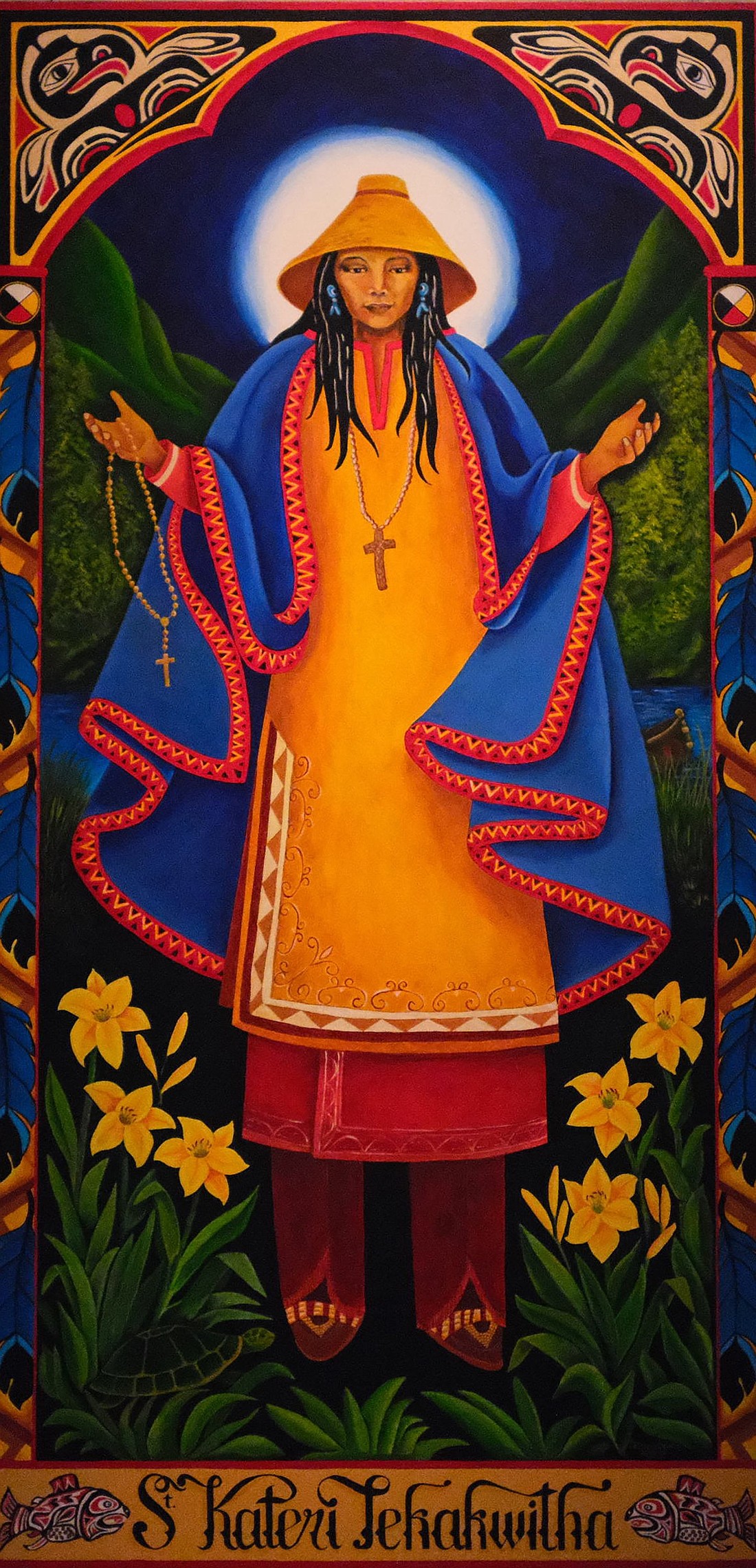 New York artist Patricia Brintle created this icon of St. Kateri Tekakwitha for St. James Cathedral in Seattle. In May, the archdiocese asked her to create the icon of St. Kateri, which she completed over the summer and sent to Seattle in September.  After being blessed on Oct. 19, 2025, the icon has been touring local Native American Catholic communities before being placed in its permanent home on a wall of the cathedral. (OSV News photo/Andrew Foster, Northwest Catholic)