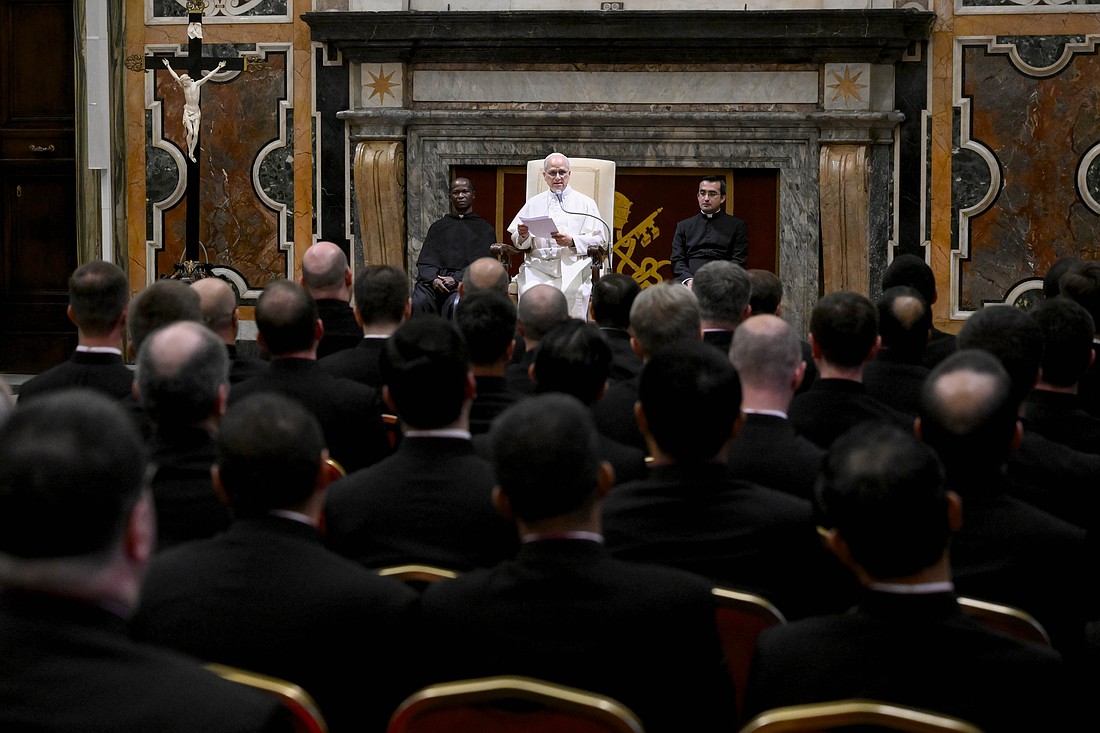 Pope Leo XIV meets at the Vatican with priests who staff nunciatures and other Vatican diplomatic missions around the world Nov. 17, 2025. (CNS photo/Vatican Media)