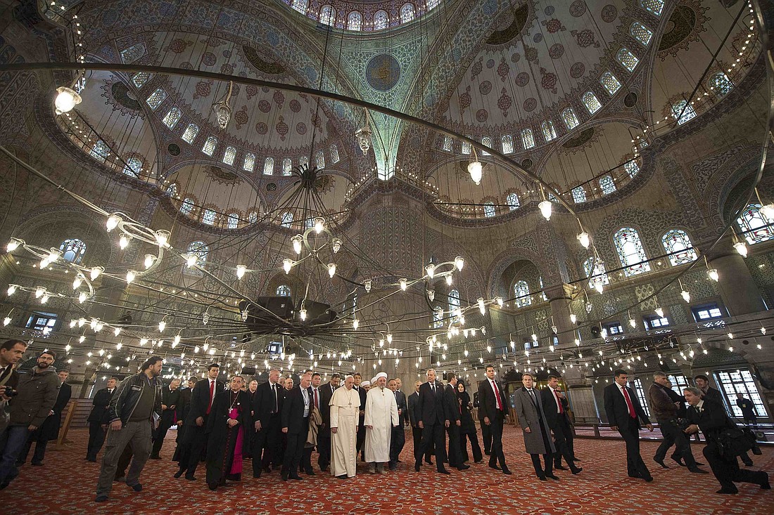 Pope Francis visits the Sultan Ahmed Mosque, also known as the Blue Mosque, in Istanbul in this 2014 file photo. Pope Leo XIV is scheduled to visit the mosque Nov. 29. (CNS photo/Vatican Media)
