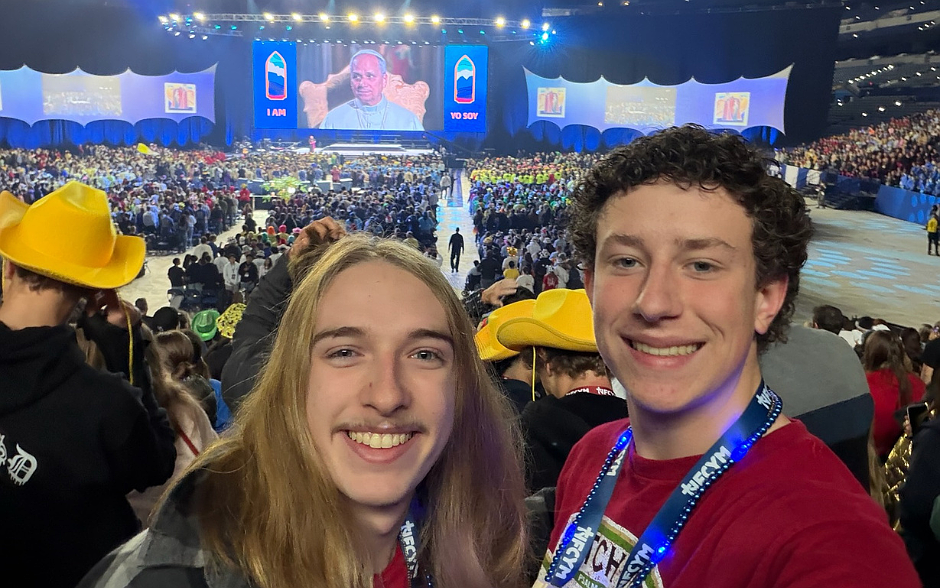 Pope Leo XIV speaks to more than 16,000 young people gathered for the National Catholic Youth Conference in Indianapolis as he holds a livestreamed question-and-answer session from the Vatican Nov. 21, 2025. Youth from the Diocese of Trenton were among those in attendance. Courtesy photo