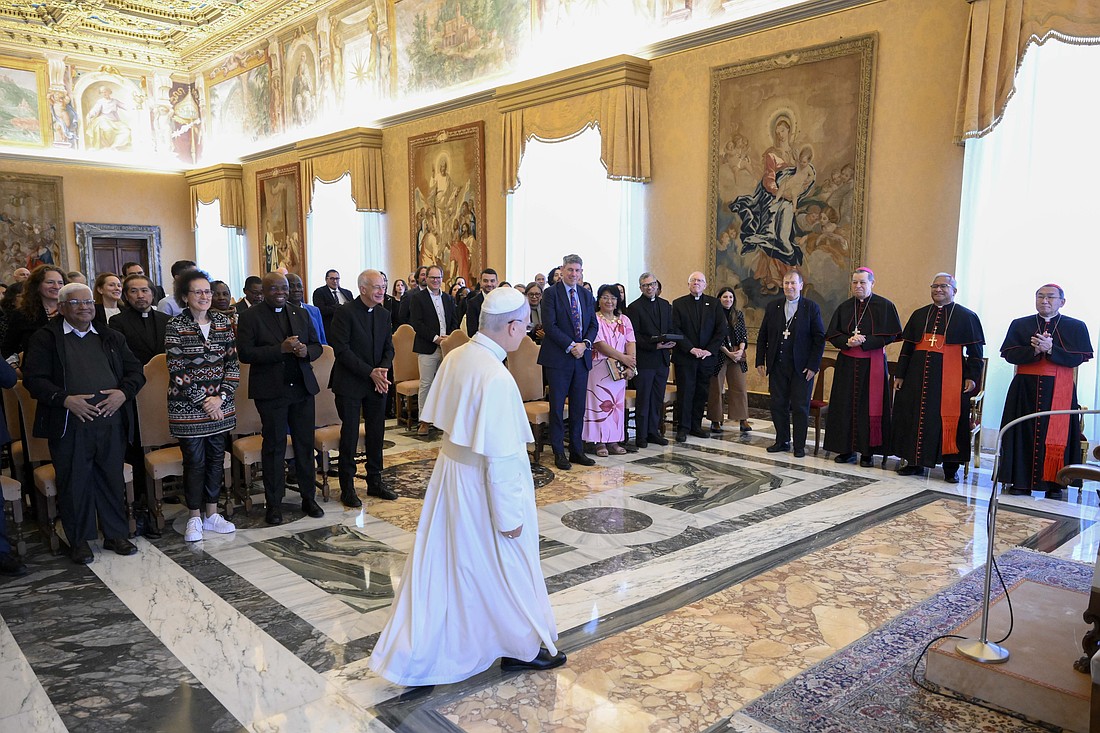 Pope Leo XIV arrives for a meeting with members of the Representative Council of Caritas Internationalis, the umbrella organization of national Catholic charities, Nov. 21, 2025, in the Apostolic Palace at the Vatican. (CNS photo/Vatican Media)