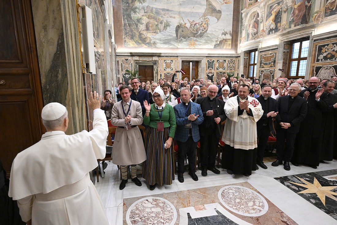 Pope Leo XIV waves farewell to Jubilee pilgrims from Latvia at the end of a meeting in the Apostolic Palace at the Vatican Nov. 24, 2025. (CNS photo/Vatican Media)