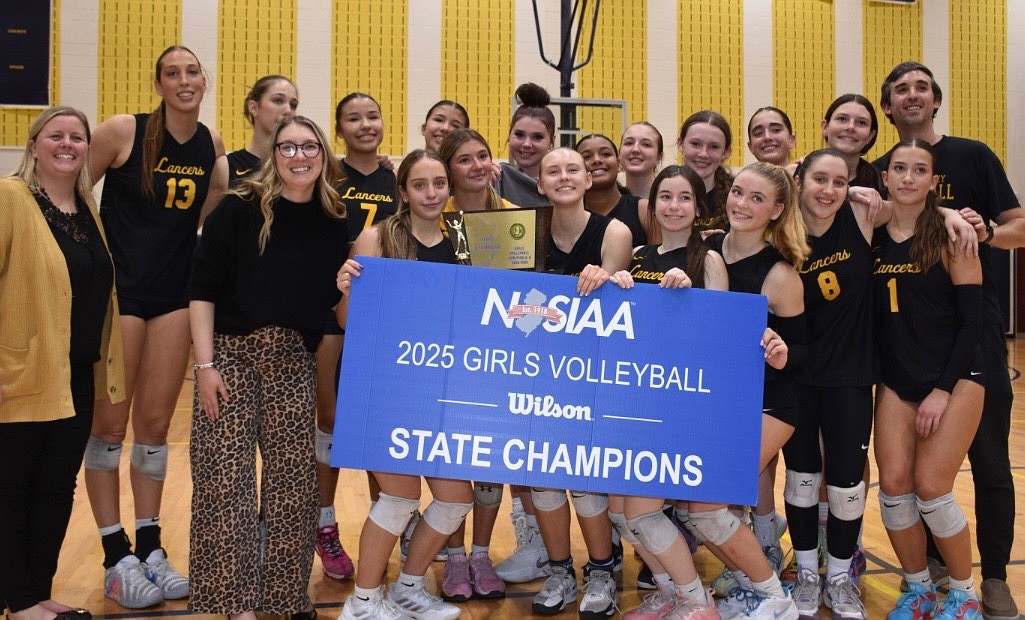 The St. John Vianney girls volleyball team proudly displays the first NJSIAA state championship banner in program history after defeating IHA, 3-0, in the Non-Public A finals. Courtesy photo