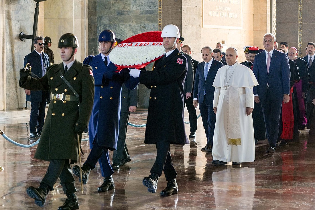 Pope Leo XIV visits the mausoleum of Mustafa Kemal Atatürk, founder of the Republic of Turkey, during a stop in Ankara Nov. 27, 2025, the first stage of his Nov. 27-Dec. 2 visit to Turkey and Lebanon. (CNS photo/Lola Gomez)