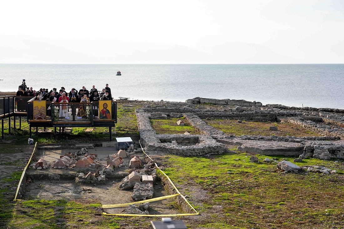 Pope Leo XIV joins Orthodox Ecumenical Patriarch Bartholomew and other Christian leaders for an ecumenical prayer service overlooking the ruins of an ancient basilica in Iznik, Turkey, Nov. 28, 2025. The gathering marked the 1,700th anniversary of the Council of Nicaea, convened in 325 A.D., which produced the Nicene Creed and defined foundational Christian doctrine. (CNS photo/Lola Gomez)