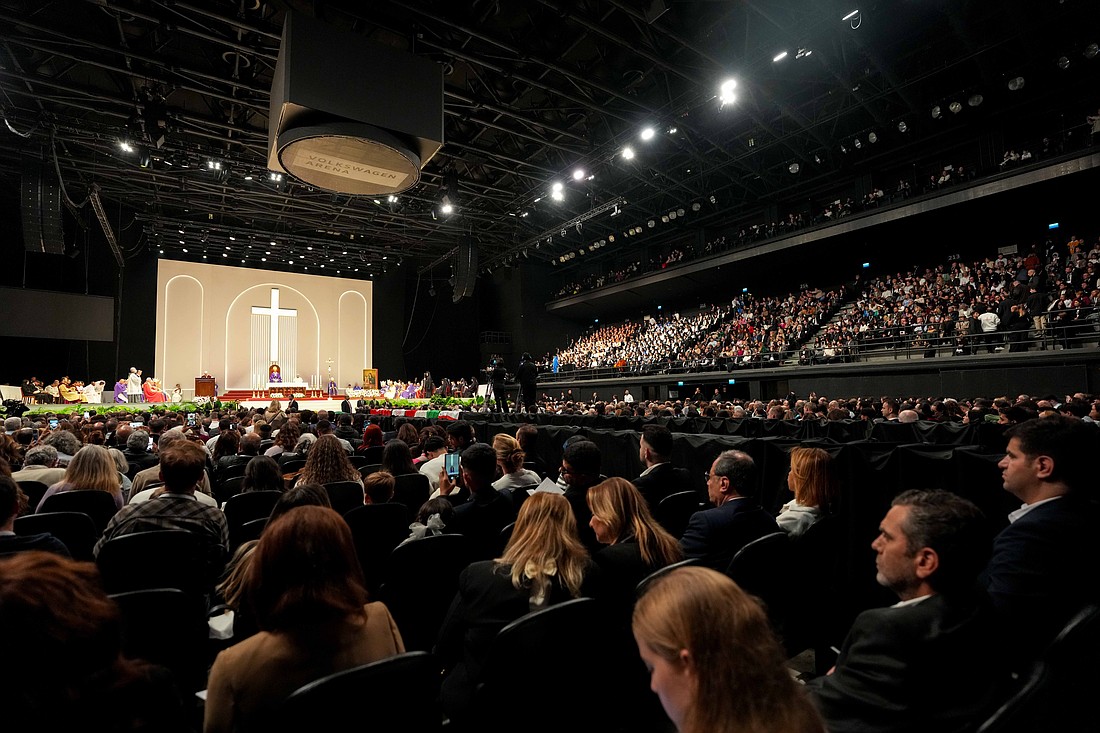 Pope Leo XIV celebrates Mass with members of Turkey’s Catholic communities at the Volkswagen Arena in Istanbul Nov. 29, 2025. (CNS photo/Lola Gomez)