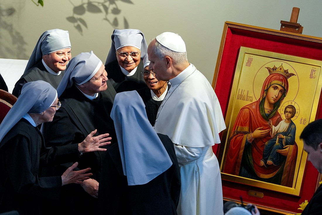  Pope Leo XIV greets members of the Little Sisters of the Poor during a visit to their nursing home in Istanbul, Turkey, Nov. 28, 2025. The pope met with residents and religious in one of his first stops in the city during his apostolic journey to Turkey and Lebanon. (CNS photo/Lola Gomez)