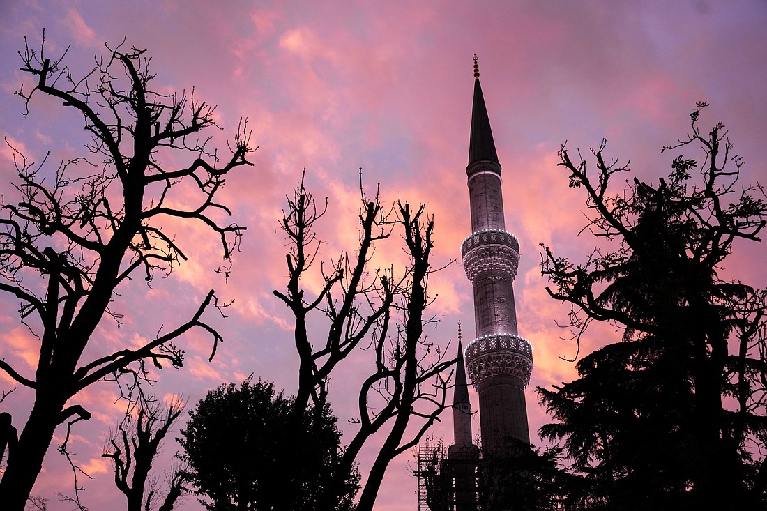 One of the six minarets of the Sultan Ahmed Mosque, more commonly called the Blue Mosque, in Istanbul is seen shortly after sunrise before Pope Leo XIV visits Nov. 29, 2025. (CNS photo/Lola Gomez)