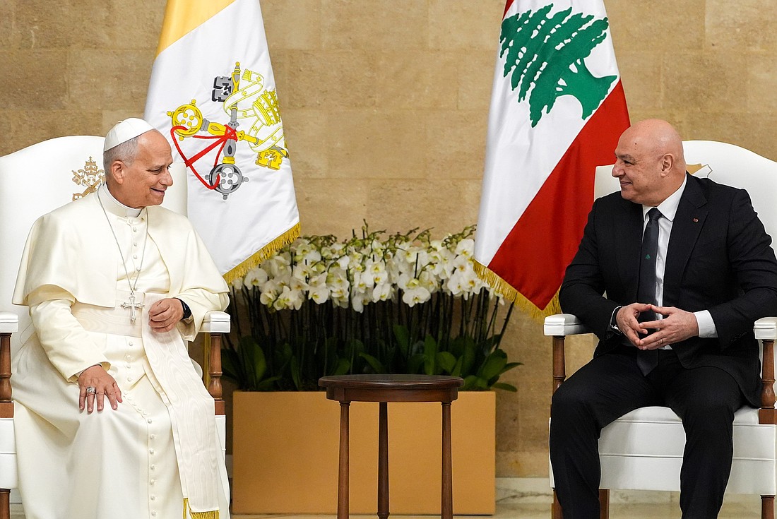Pope Leo XIV meets with Lebanese President Joseph Aoun at the presidential palace in Beirut Nov. 30, 2025. (CNS photo/Lola Gomez)